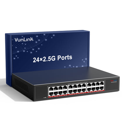 VunLink 24×2.5GbE RJ45 Multi-Gigabit Unmanaged Network Switch, Plug & Play, Rackmount/Desktop, Fanless Metal Design for NAS, Gaming, Office & Home Network