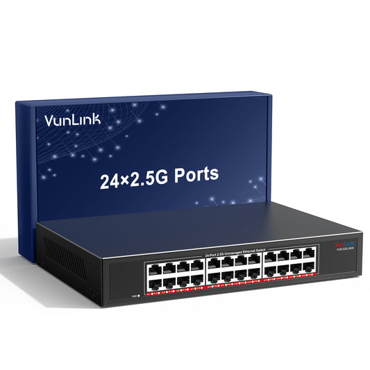 VunLink 24×2.5GbE RJ45 Multi-Gigabit Unmanaged Network Switch, Plug & Play, Rackmount/Desktop, Fanless Metal Design for NAS, Gaming, Office & Home Network