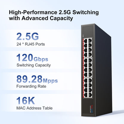 VunLink 24×2.5GbE RJ45 Multi-Gigabit Unmanaged Network Switch, Plug & Play, Rackmount/Desktop, Fanless Metal Design for NAS, Gaming, Office & Home Network
