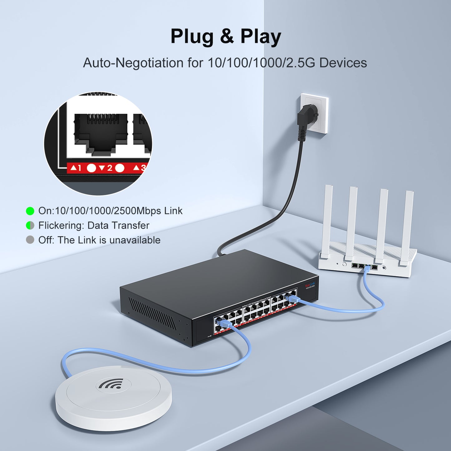 VunLink 24×2.5GbE RJ45 Multi-Gigabit Unmanaged Network Switch, Plug & Play, Rackmount/Desktop, Fanless Metal Design for NAS, Gaming, Office & Home Network