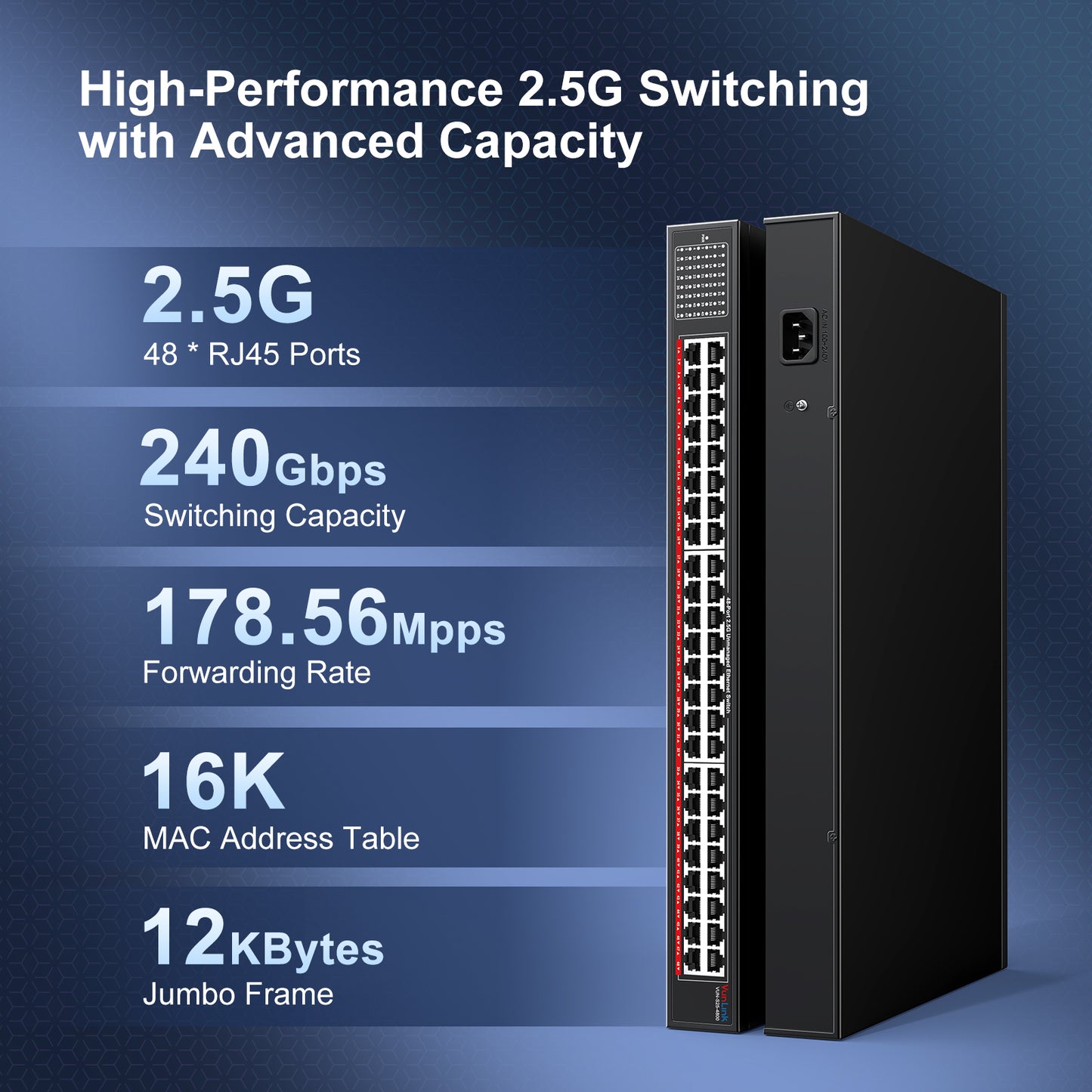 48-Port 2.5G Unmanaged Ethernet Switch, VunLink 48×2.5Gbps RJ45 Multi-Gig Network Switch, 240Gbps Switching Capacity, Plug & Play, Rackmount Switch for Enterprise, NAS, Surveillance, Office Network