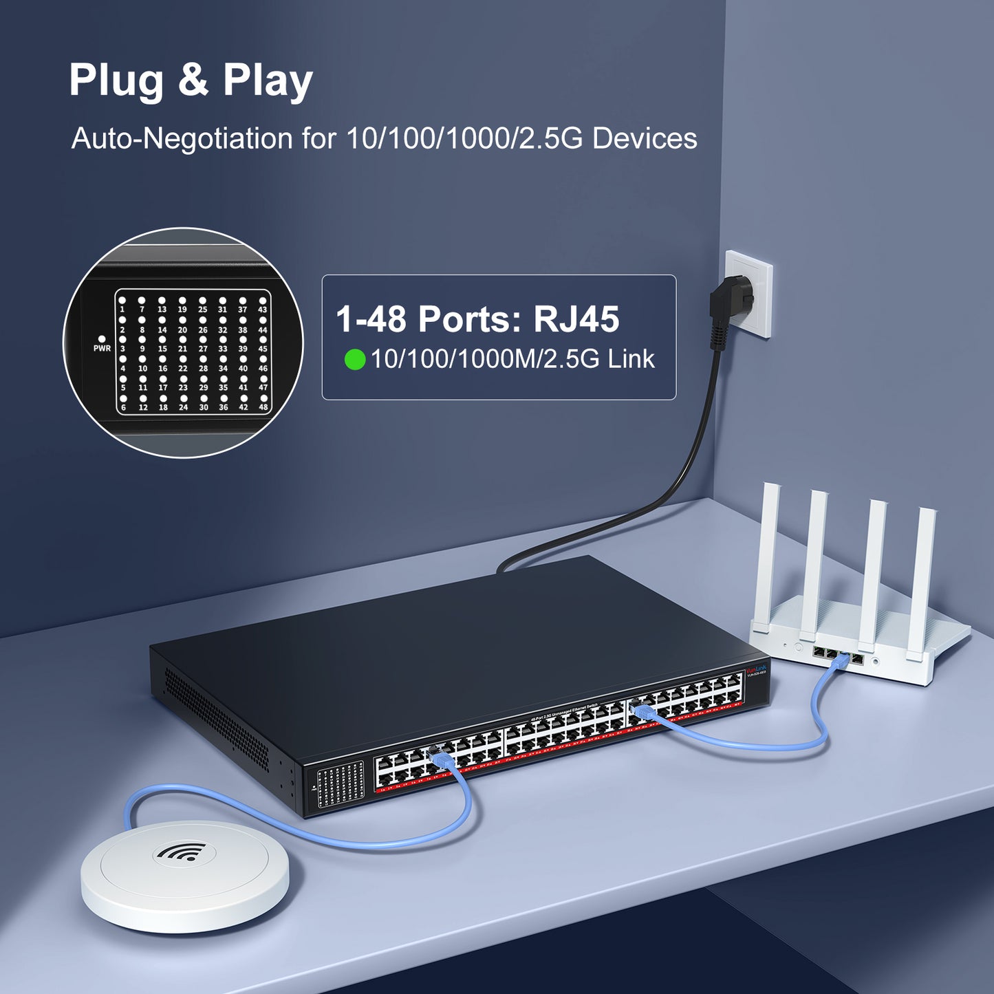 48-Port 2.5G Unmanaged Ethernet Switch, VunLink 48×2.5Gbps RJ45 Multi-Gig Network Switch, 240Gbps Switching Capacity, Plug & Play, Rackmount Switch for Enterprise, NAS, Surveillance, Office Network
