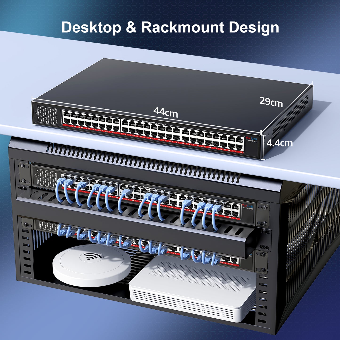 48-Port 2.5G Unmanaged Ethernet Switch, VunLink 48×2.5Gbps RJ45 Multi-Gig Network Switch, 240Gbps Switching Capacity, Plug & Play, Rackmount Switch for Enterprise, NAS, Surveillance, Office Network