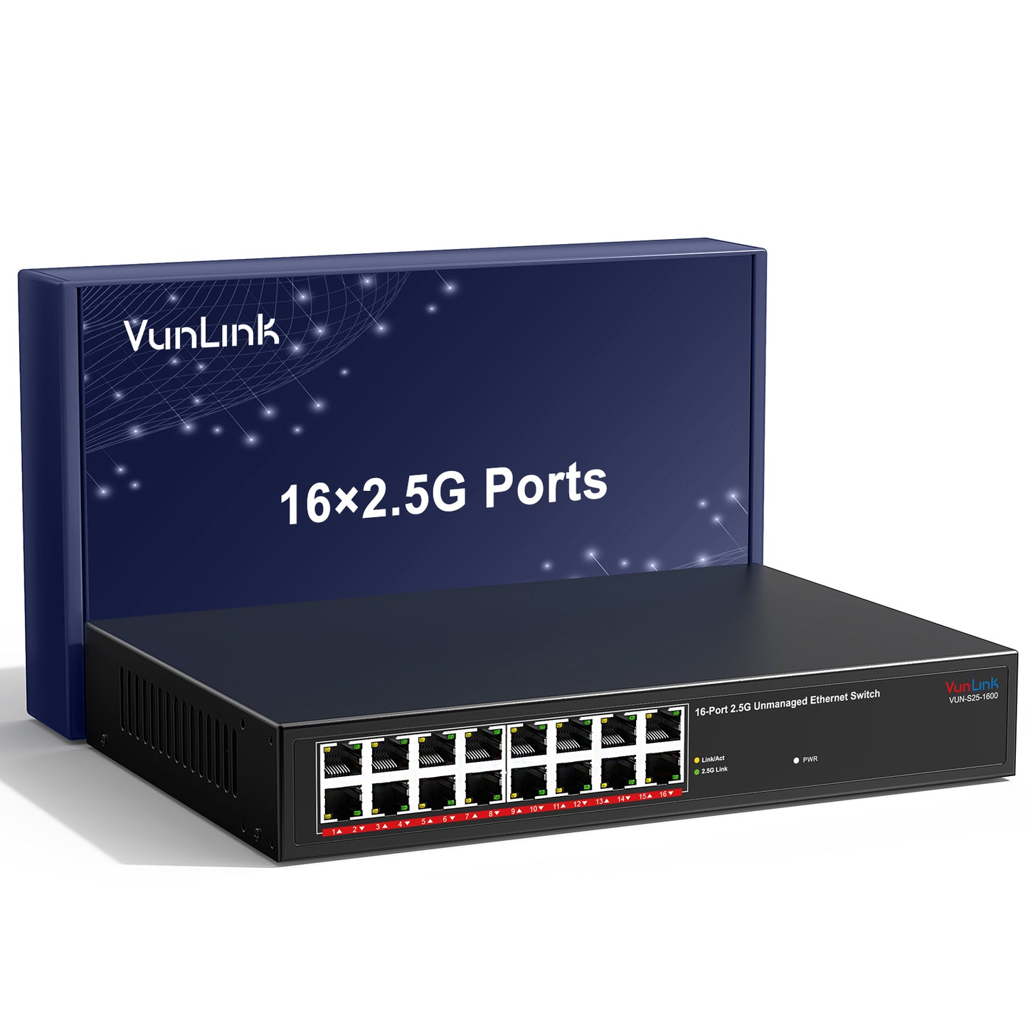 VunLink 16×2.5Gbps RJ45 Ports Unmanaged Network Switch, Plug & Play, 100/1000/2500Mbps, Desktop/Rackmount, Fanless Metal Design for NAS, PC, AP, Office Network