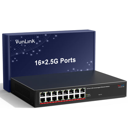 VunLink 16×2.5Gbps RJ45 Ports Unmanaged Network Switch, Plug & Play, 100/1000/2500Mbps, Desktop/Rackmount, Fanless Metal Design for NAS, PC, AP, Office Network
