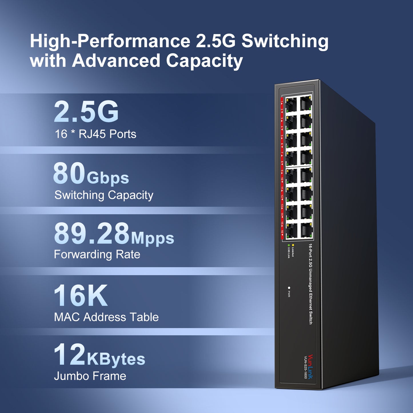 VunLink 16×2.5Gbps RJ45 Ports Unmanaged Network Switch, Plug & Play, 100/1000/2500Mbps, Desktop/Rackmount, Fanless Metal Design for NAS, PC, AP, Office Network