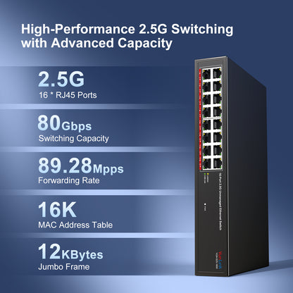 VunLink 16×2.5Gbps RJ45 Ports Unmanaged Network Switch, Plug & Play, 100/1000/2500Mbps, Desktop/Rackmount, Fanless Metal Design for NAS, PC, AP, Office Network