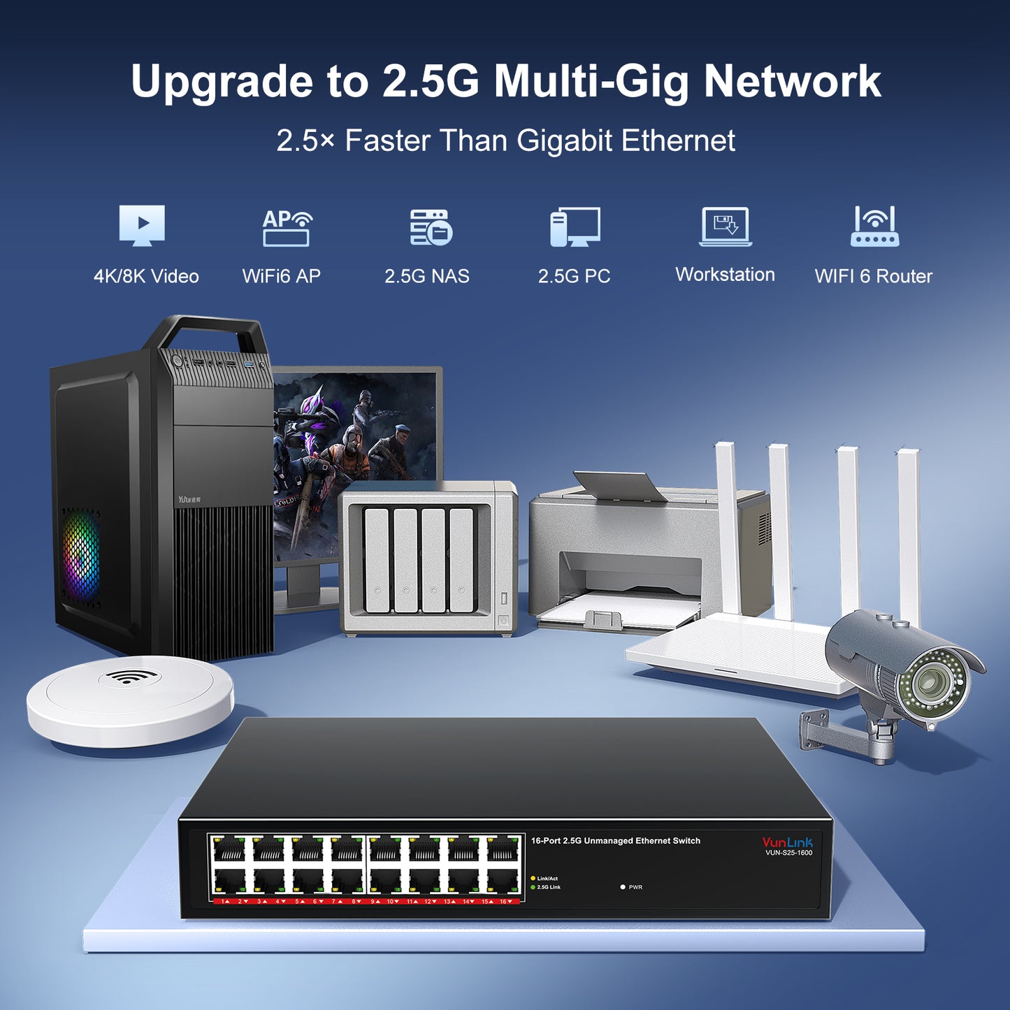 VunLink 16×2.5Gbps RJ45 Ports Unmanaged Network Switch, Plug & Play, 100/1000/2500Mbps, Desktop/Rackmount, Fanless Metal Design for NAS, PC, AP, Office Network