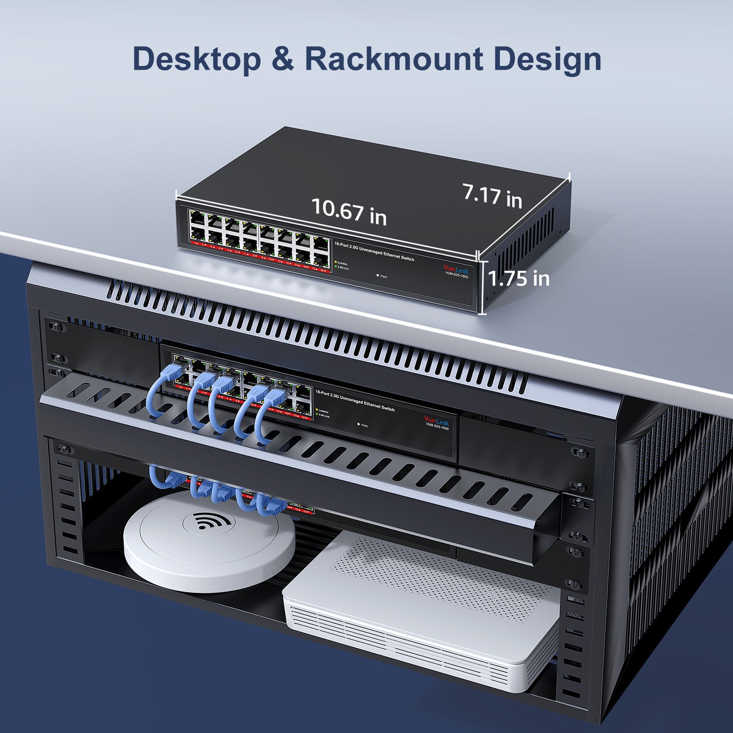 VunLink 16×2.5Gbps RJ45 Ports Unmanaged Network Switch, Plug & Play, 100/1000/2500Mbps, Desktop/Rackmount, Fanless Metal Design for NAS, PC, AP, Office Network