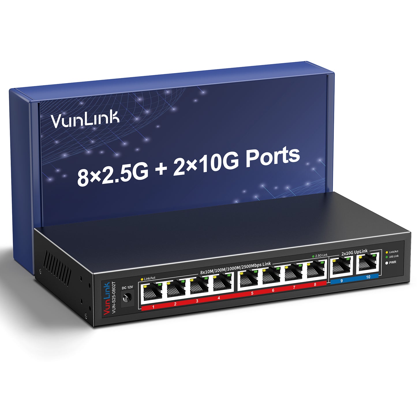 8 x 2.5GbE RJ45 + 2 x 10GbE RJ45 Ports, VunLink 10 Port Unmanaged Network Switch, Plug & Play, Desktop/Wall-Mount, Ideal for NAS, Gaming, Home Office