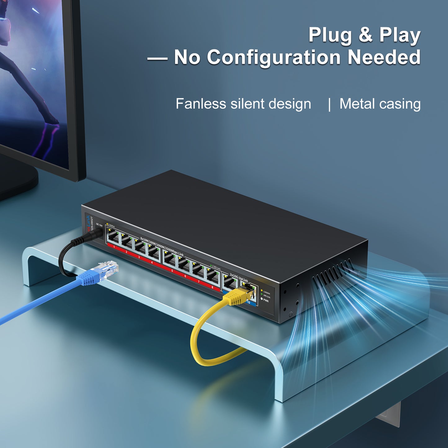 8 x 2.5GbE RJ45 + 2 x 10GbE RJ45 Ports, VunLink 10 Port Unmanaged Network Switch, Plug & Play, Desktop/Wall-Mount, Ideal for NAS, Gaming, Home Office